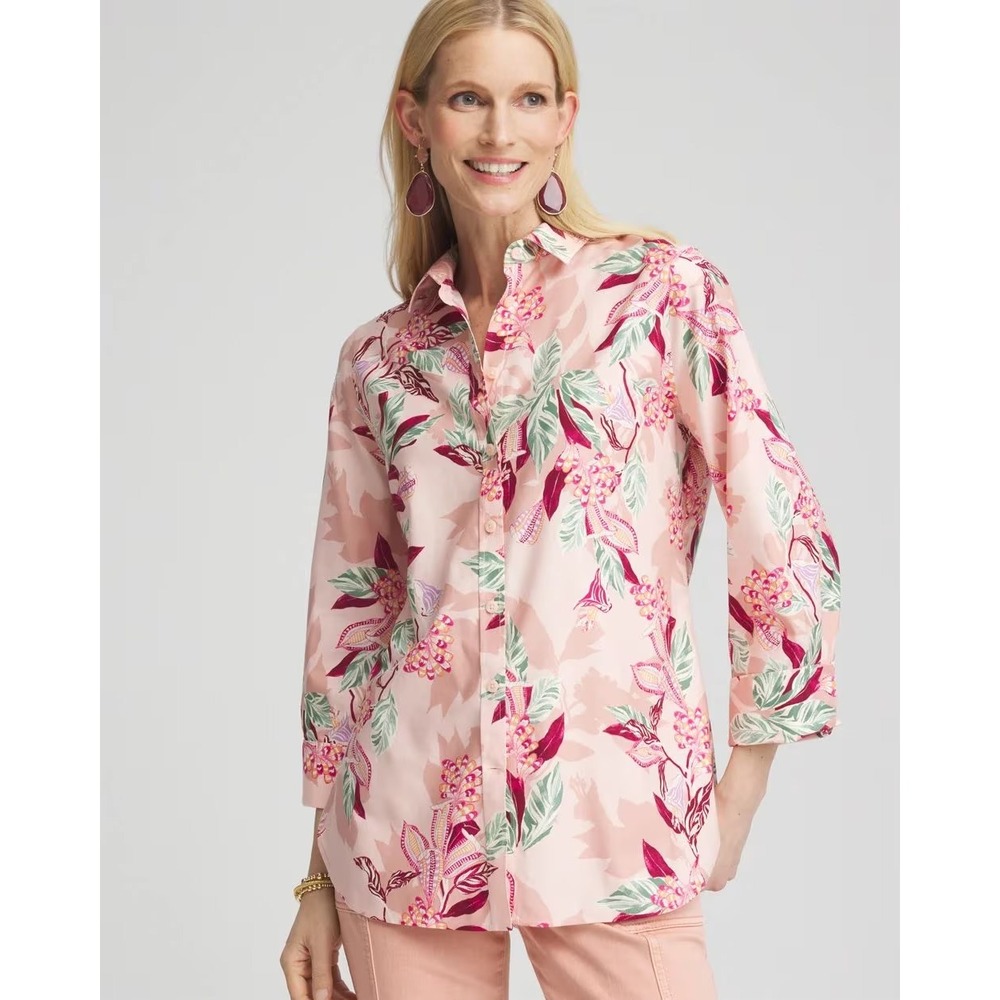 NWT Chico's No Iron Floral Button Up Shirt US 4 Pink Sateen Stretch Cotton
